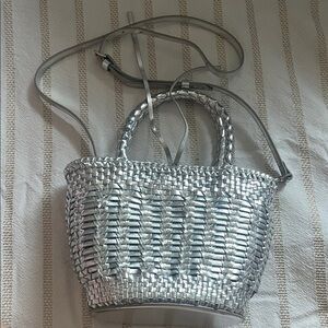 J. Crew Buffalo Leather Metallic Silver Woven Crossbody Bag Detachable Straps
